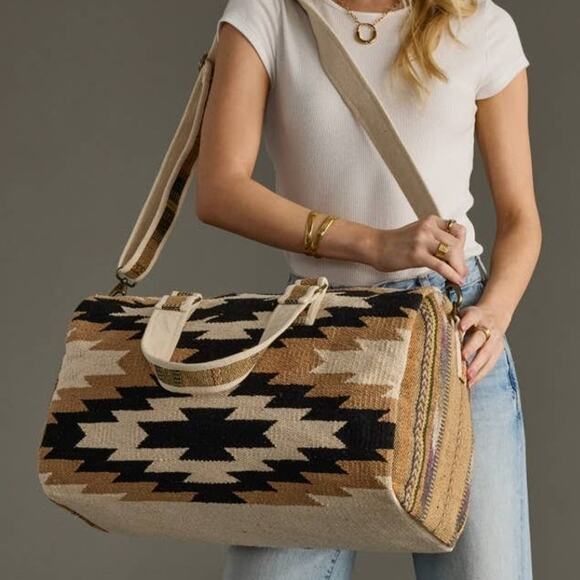 Western Aztec Cotton Duffel Travel Bag Cream Black Tan - Picture 4 of 4